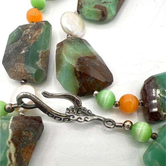 Artisan Chrysoprase Nugget 18" Necklace 925 Hook Pearls Agate Glass Beads Chunky - Picture 7 of 13